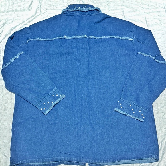 Rhinestone Studded Denim Shirt Jacket 3XL Western Fringe Raw Hem - Picture 7 of 8